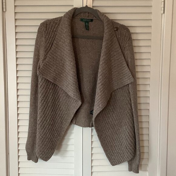 Lauren Ralph Lauren women's sweater large cardigan button shoulder brown wool - Picture 1 of 7